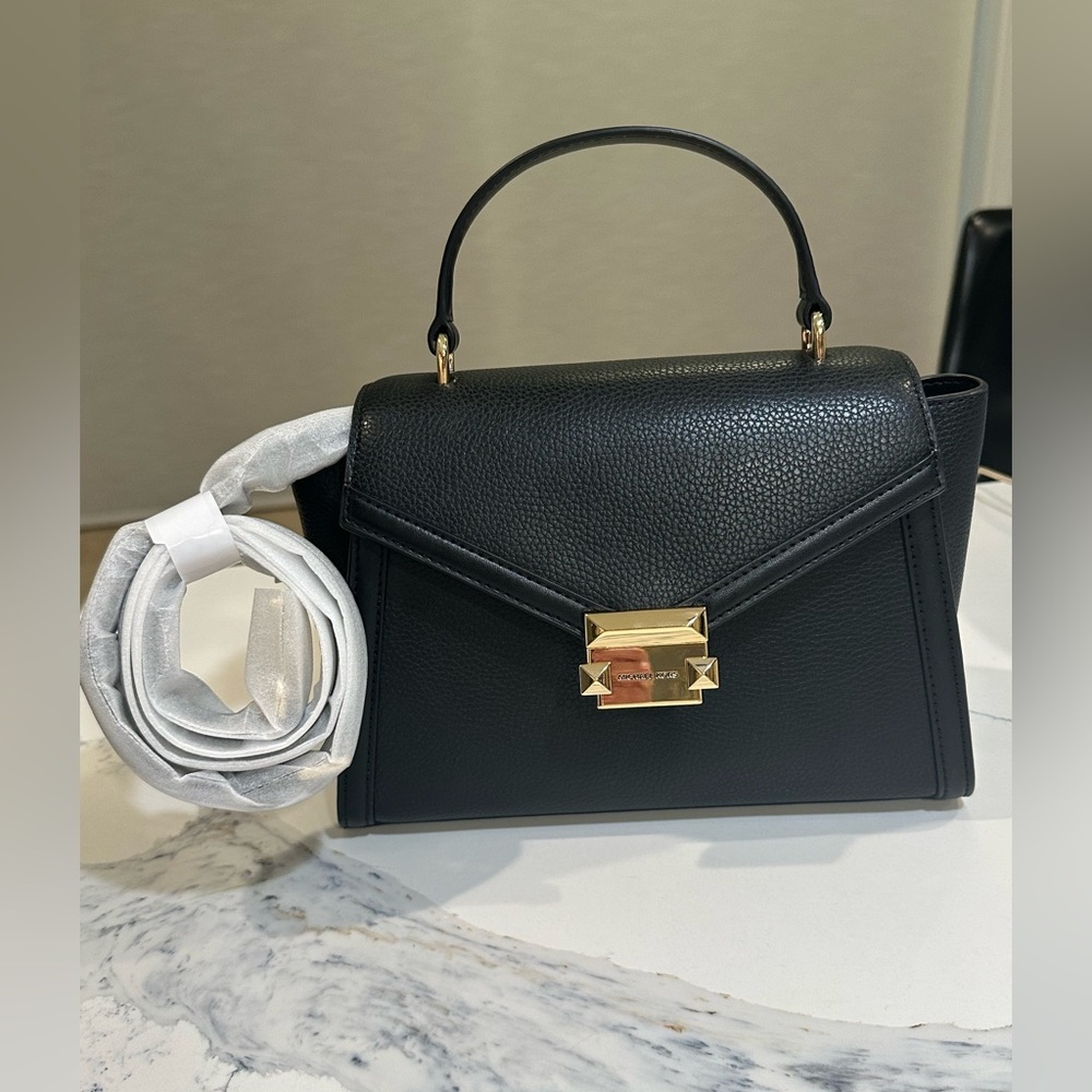 MICHAEL MICHAEL KORS Whitney Flap Satchel Signature Logo Black Leather NWT - Picture 4 of 9